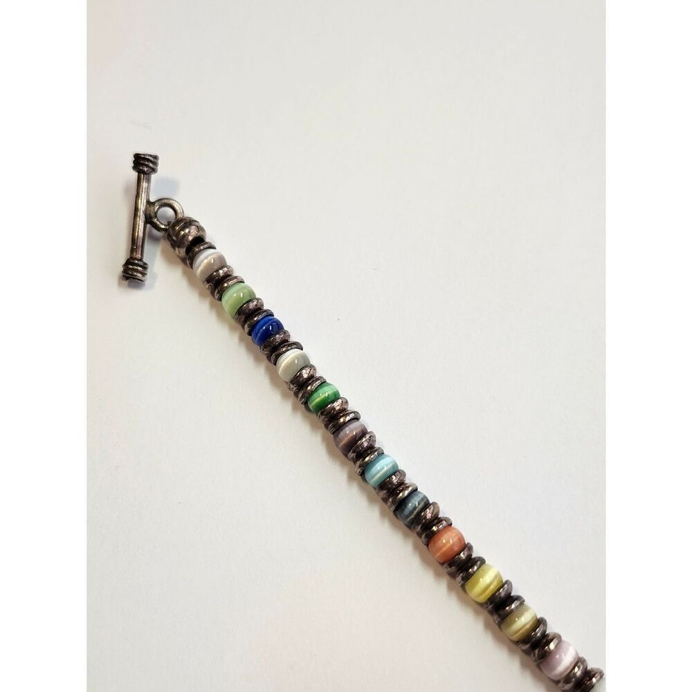 Multi-Color Beaded Sterling Bracelet 925 7" - Picture 2 of 5